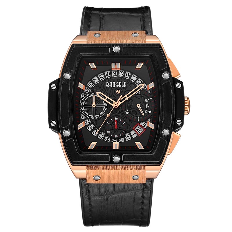 BAOGELA BRAND Fashion Mens Sports Sports Watersproof Calendar Watr Square Square multifuncție Silicon Band Mens Watch 1703 Rose Black