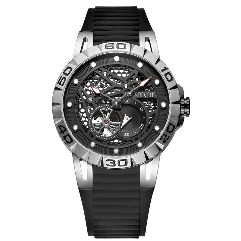 Baogela New Top Brand Luxury Men \\\\ Schelet Schelet Schelet Motor Mechanical Encover pentru bărbați Imprefroof Wristwatch 6772 Negru